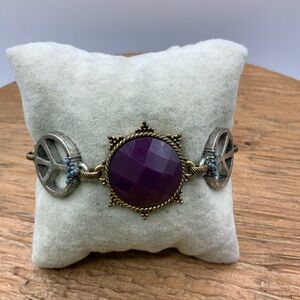 Lucky Brand Faceted Purple Stone Peace Charm Distressed Gold Tone Bracelet